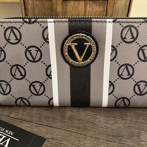 Vera New York Gray Monogram Zip Wallet with Gold V Emblem